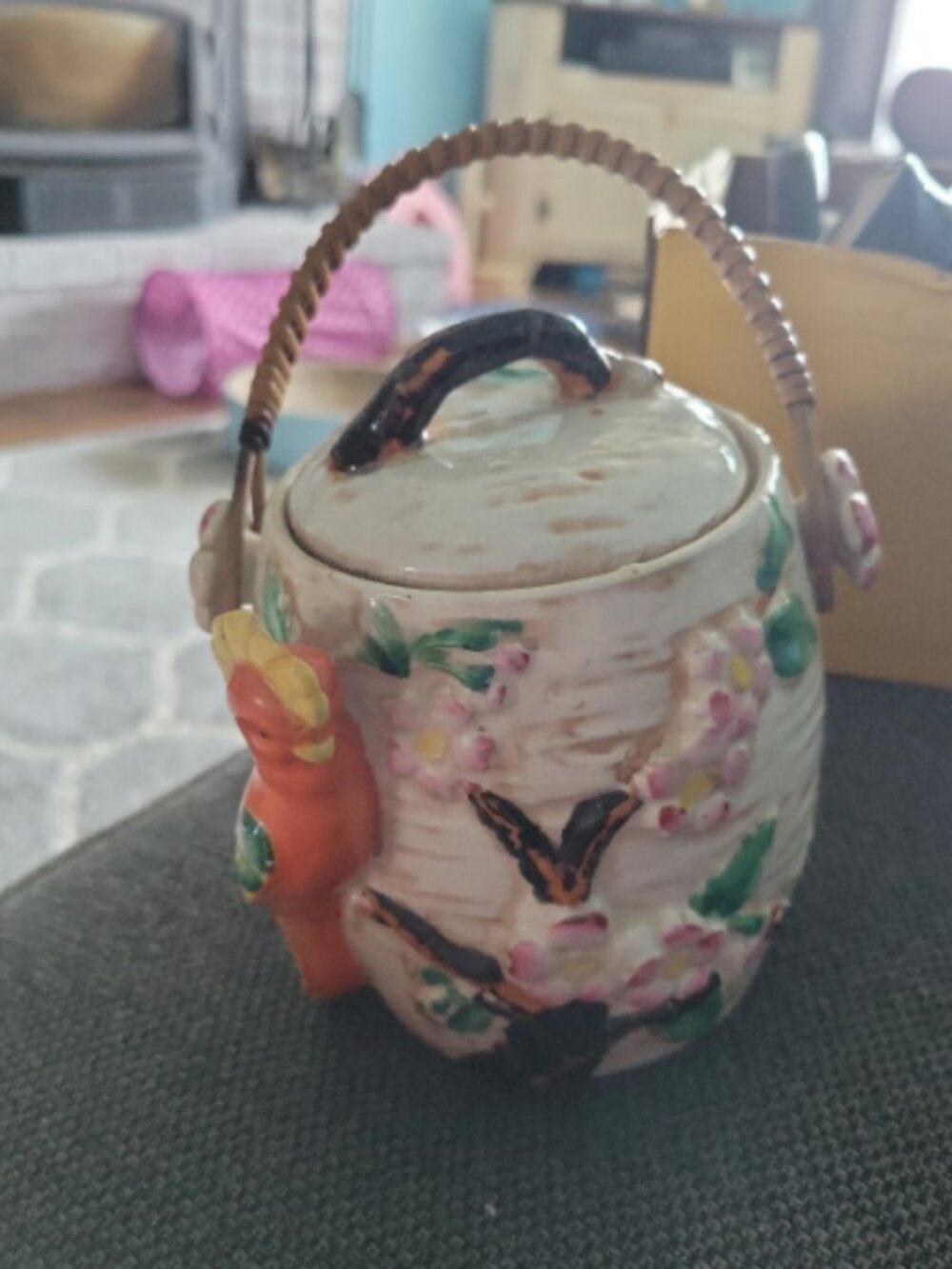 Vintage Japanese styled hand painted jar with handle and lid